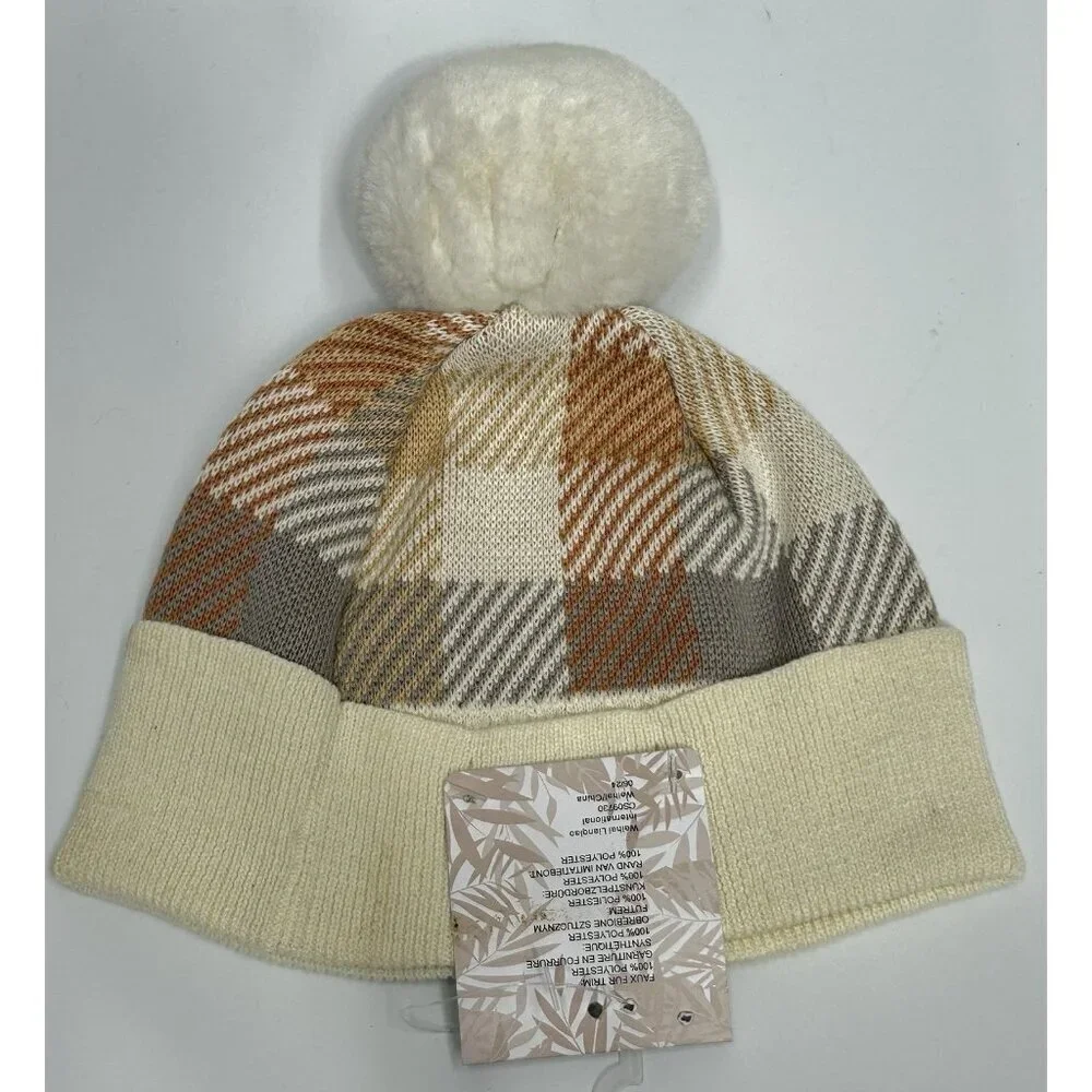 New Tommy Bahama Kids One Size Brown White Checkered Winter Knit Hat Beanie